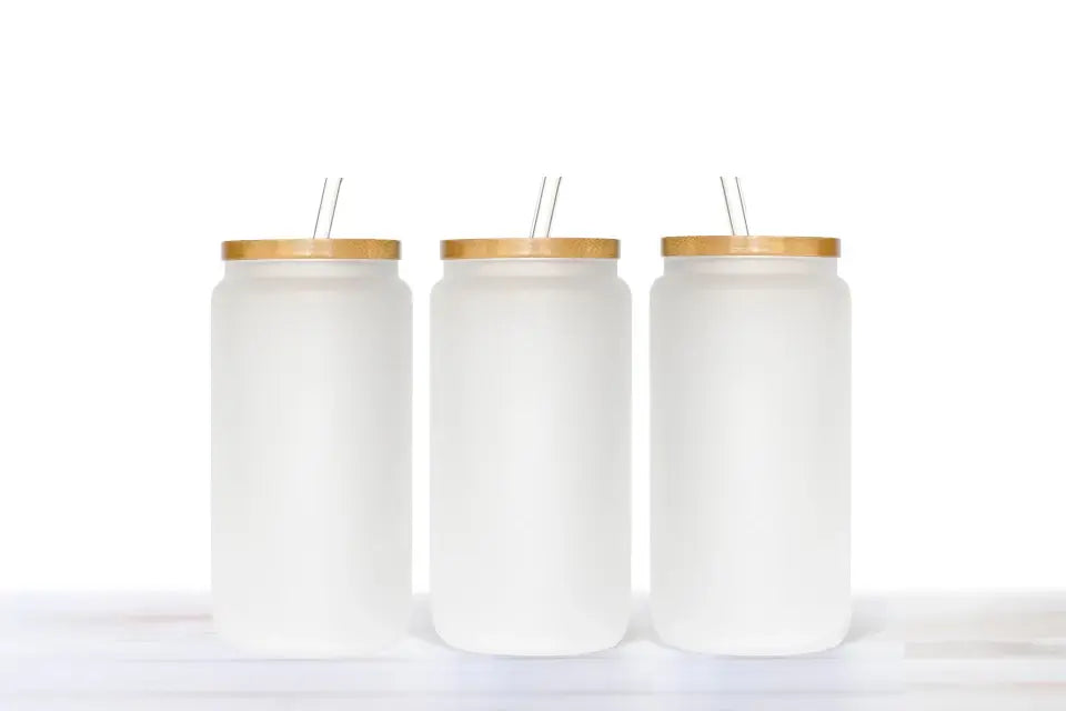 Print On Demand 16 oz Can Glass With Bamboo Lid and Straw MATTE/FROSTED
SUBLIMATION - NO WHITE OR LIGHT COLORS