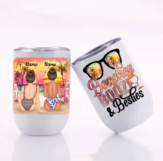 Customized Beaches, Booze, and Besties 12 oz Wine Tumbler