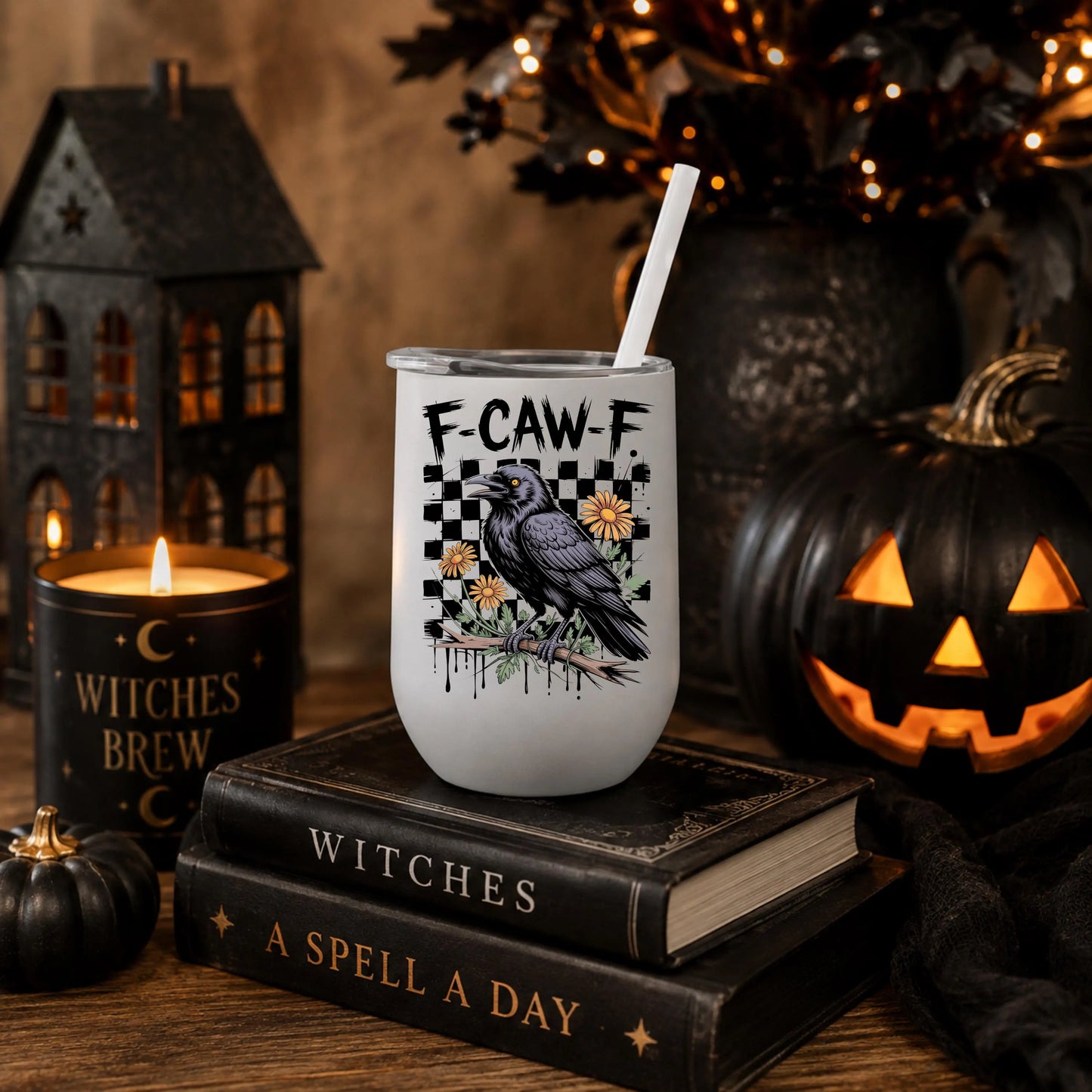 Halloween - F-Caw-F - Funny Crow 12oz Wine Tumbler