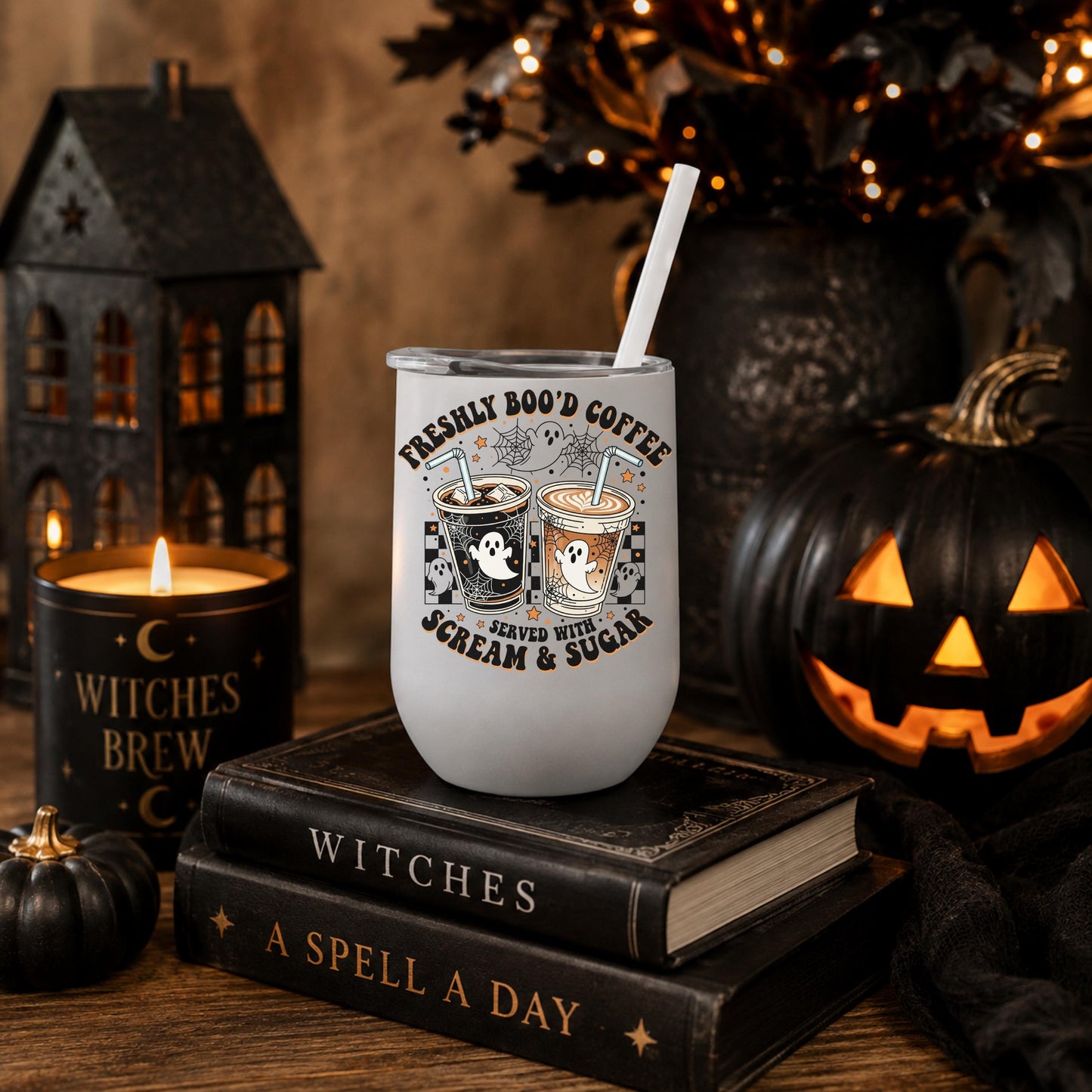 Halloween - Halloween Tumbler- Freshly Boo’d Coffee Served With Scream and Sugar 12oz Wine Tumbler