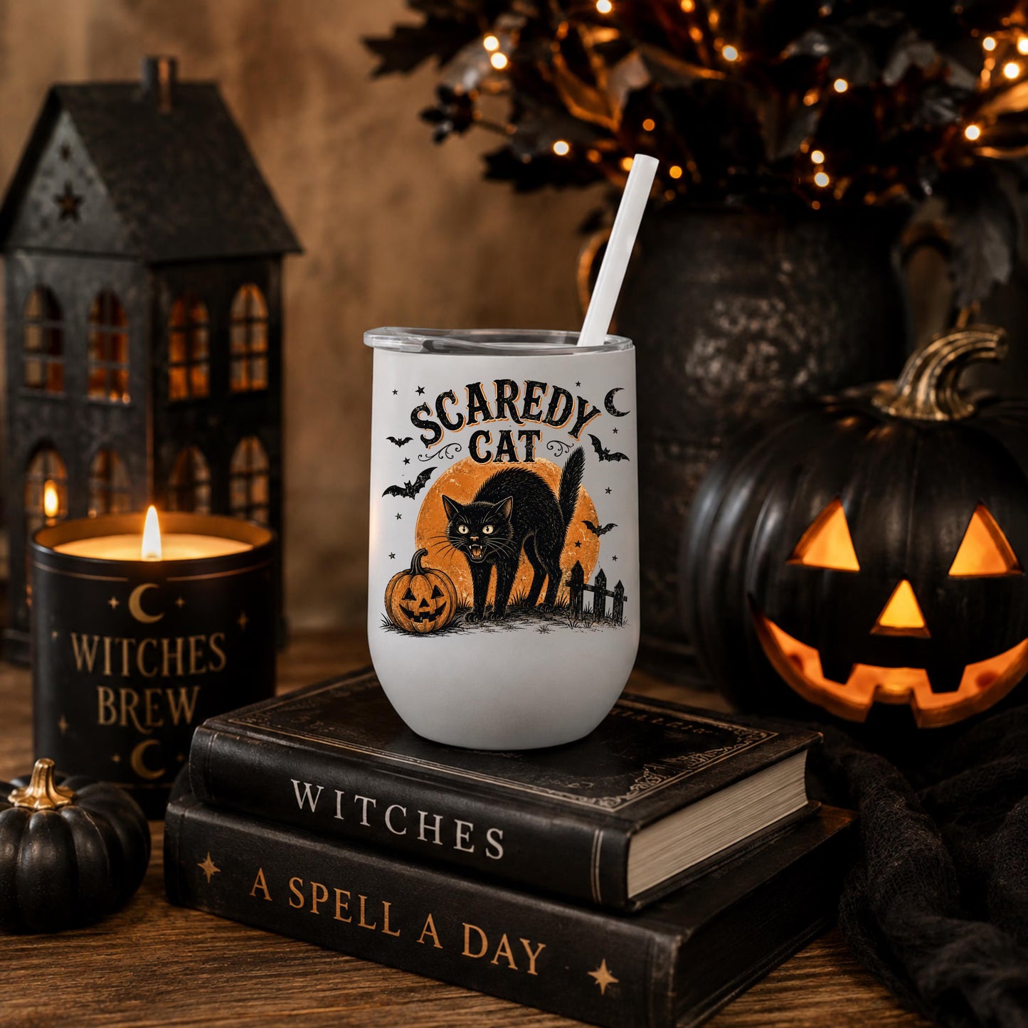 Halloween - Halloween Tumbler- Scaredy Cat Vintage Halloween Cat Tumbler 12 oz Wine tumbler