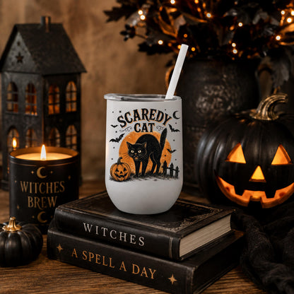 Halloween - Halloween Tumbler- Scaredy Cat Vintage Halloween Cat Tumbler 12 oz Wine tumbler