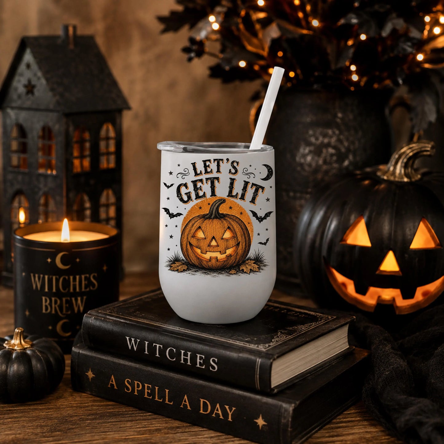 Halloween - Halloween Tumbler- Scaredy Cat Vintage Halloween Cat Tumbler 12 oz Wine tumbler